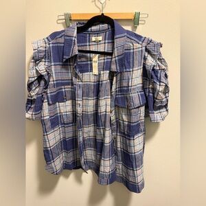 Blue Plaid Short Sleeve Ruffle Shirt